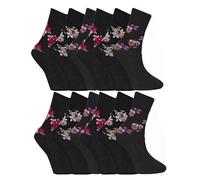GA COMMUNICATIONS 3,6 & 12 Pairs Of Ladies Non Elastic Loose Top Diabetic Socks, Breathable Plain Rainbow Striped Floral Patterned Multipack Cotton Rich Socks UK Size 4-7 (Black-Floral, 12 Pairs)