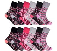 GA COMMUNICATIONS 3,6 & 12 Pairs Of Ladies Non Elastic Loose Top Diabetic Socks, Breathable Plain Rainbow Striped Floral Patterned Multipack Women Cotton Rich Socks UK Size 4-7 (12 Pairs Design F)