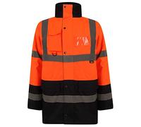 GA COMMUNICATIONS Hi Viz Multi Pocket Parka Jacket, Work Wear High Visibility Coat Safety Two Tone Waterproof Hi Viz Traffic Jackets Fluorescent Padded With Hood (Orange/Navy, S)