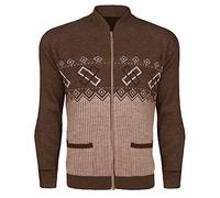 GA COMMUNICATIONS Mens Zip Up Knit Cardigan Sweater - Argyle Knitwear Granddad Aztec Full Zip Jumper with Pockets - Winter Warm Knitted Cardigan Jacket for Casual and Smart Outfits[Brown,2XL]