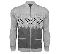 GA COMMUNICATIONS Mens Zip Up Knit Cardigan Sweater - Argyle Knitwear Granddad Aztec Full Zip Jumper with Pockets - Winter Warm Knitted Cardigan Jacket for Casual and Smart Outfits[Light Grey,L]