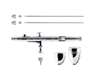 Gaahleri Airbrush Kit, Airbrush Gun Dual-Action Gravity 1/2 & 1/4 oz Fluid Cup, 0.35 & 0.5 mm Needle, Cost-Effective Air Brush Set Makeup Nail Art Painting Model Coloring Cake Decor Silver