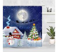 Gaakvrr Christmas Shower Curtain, Winter Season Snowman Xmas Tree Santa Sleigh Moon Present Boxes Snow and Stars, Cloth Fabric Bathroom Decor Set with Hooks 200x180cm