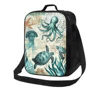Gaakvrr Nautical Map Octopus Sea Turtles Lunch Bag Insulated Durable Lunch Box with Adjustable Shoulder Strap, Portable Lunch Bag for Kids School/Picnic/Beach/Hiking Work