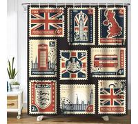 Gaakvrr Shower Curtain British Map with Postage Stamps & UK Flag Waterproof Bathroom Curtain Set with 12 Hooks, Great Britain Decor (180x180 cm)