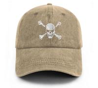 Gaakvrr Skull and Crossbones Baseball Cap for Men Women, Embroidered Skeleton Hat, Funny Adjustable Washed Denim Cotton Skull Hat(Khaki)