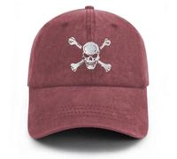 Gaakvrr Skull and Crossbones Baseball Cap for Men Women, Embroidered Skeleton Hat, Funny Adjustable Washed Denim Cotton Skull Hat(Red)