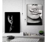 GAAXMG 2Pcs Black and White Minimalist Poster Shhh Woman Hot Lips Prints Fashion Beauty Sexy Lady Canvas Painting Home Bedroom Decor/Unframed (19 inches x 27 inches(50 * 70cm)