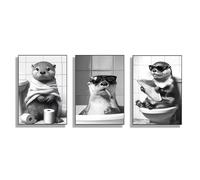 GAAXMG 3Pcs funny animals otter picture wall bathroom canvas for guest toilet pictures toilet funny poster toilet animals canvas toilet/Unframed (40 * 60cm)