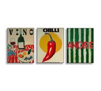 GAAXMG 3pcs Summer dopamine kitchen poster, canvas poster wall decor, green striped canvas print, wine glass and pepper wall decor, home decor/Unframed (30 * 40cm)