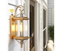 GAAZIE Solid Copper Dusk to Dawn Outdoor Wall Lantern, 18.5" Standard Entry Satin Brass Porch Light with Clear Beveled Glass, Exterior Wall Light Sconce for Front Door, Patio & Entryway, E26 Base