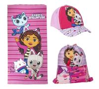 Gabby's Dollhouse Children's Set - Pink and Lilac Colour - Includes Cloth Sack, Towel and Hat - Gabby, Pandy Paws and Kitty Fairy Print - Original Product Designed in Spain