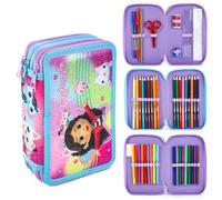 Gabby's Dollhouse Triple Zip Filled Pencil Case for Girls - 3 Compartment School Stationery Set with Colouring Pencils, Pens, Ruler & Accessories - Cute Cat Design - 20 x 13 x 6.5 cm