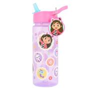 Gabby's Dollhouse Water Bottle with Straw, Purple, 500ml, with Carry Loop and Keyring Charm, Featuring Gabby, Cakey Cat, Kitty Fairy, Mercat, Baby Box