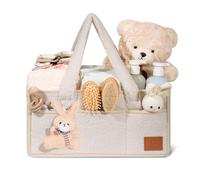 GABI STORE Nappy Caddy Organiser Changing Basket Baby Essentials Baby Hamper Basket Portable Travel Bag Luxury Soft Fabric Rabbit Key Ring Detachable Compartments Large Capacity Long Handles Beige