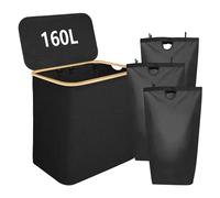 Gabrella 160L Laundry Basket with Lid, 3 Section Laundry Hamper, Collapsible Washing Basket with Removable Bags & Bamboo Handles for Bathroom Bedroom Dorm, Black
