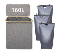Gabrella Washing Baskets 160L Laundry Basket with Lid, Large Laundry Basket 3 Section Laundry Hamper with Bamboo Handles and Labels Dirty Washing Bin with Removable Bags for Bedroom Bathroom, Dorm