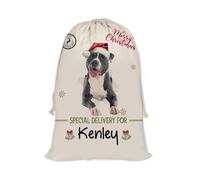 GABSHAIM Christmas Santa Sack with American Staffordshire Terrier Dog Custom Name Large Cotton Linen Santa Bag Special Delivery for Family Friend Xmas Decor 19.5 x 31.5 Inch