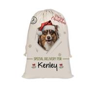 GABSHAIM Christmas Santa Sack with Australian Shepherd Dog Custom Name Large Cotton Linen Santa Bag Special Delivery for Family Friend Xmas Decor 12 x 15 Inch Style 2