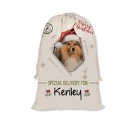 GABSHAIM Christmas Santa Sack with Shetland Sheepdog Dog Custom Name Large Cotton Linen Santa Bag Special Delivery for Family Friend Xmas Decor 12 x 15 Inch Style 2