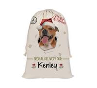 GABSHAIM Christmas Santa Sack with Staffordshire Bull Terrier Dog Custom Name Large Cotton Linen Santa Bag Special Delivery for Family Friend Xmas Decor 12 x 15 Inch