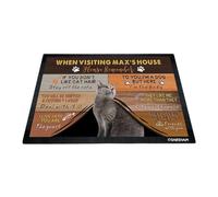 GABSHAIM Custom Cat Doormat When Visiting Max's House Please Remember Floor Mats Russian Blue with Humorous Slogans Non-Slip Rubber Indoor Outdoor Decorative Mats 23.6 x 15.7 Inch