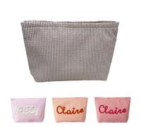 GABSHAIM Custom Cosmetic Bag with Name Personalized Seersucker Makeup Bag Striped Toiletry Bags for Girls Friends Women, Khaki, 9.8"x2.36"x6.7", Casual, Aesthetic, Personalized