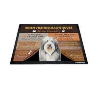 GABSHAIM Custom Dog Doormat When Visiting Max's House Please Remember Floor Mats English Sheepdog with Humorous Slogans Non-Slip Rubber Indoor Outdoor Decorative Mats 27.5 x 17.7 Inch