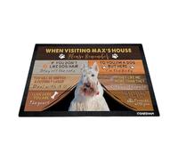 GABSHAIM Custom Dog Doormat When Visiting Max's House Please Remember Floor Mats White Wheaten Scottish Terrier with Humorous Slogans Non-Slip Rubber Indoor Outdoor Decorative Mats 35.4 x 23.6 Inch