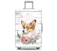 GABSHAIM Dog Luggage Cover Suitcase Protector Russell Terrier with Florals Wooden Colour Background Design Machine Washable Travel Suitcase Cover, Multi-Welsh Corgi 1, L ( Fit 25-28" Luggage )