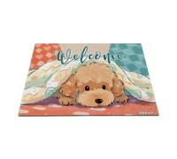 GABSHAIM Welcome Dog Doormat Cute Cartoon Non-Slip Rubber Mat Adorable Poodle Snuggled Under Blankets Design 27.5 x 17.7 Inch for Indoor Entryway Home Decor Style 4