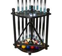 GACCO BILLIARDS Floor Pool Cue Rack Hold 8 Cue Sticks & Billiard Accessories. Corner Stand Pool Cue Holder Made of 100% Solid Hardwood. Provided Ball Rack Hook. CUE RACK ONLY (Black)