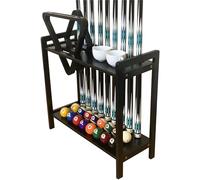 GACCO BILLIARDS Pool Stick Holder Floor Stand Holds 9 Cues & Pool Table Accessories. Wooden 2-Tier Cue Stick Rack with Ball Rack Hangers, Cone Chalk Holder or Drink Pads (2IN1-BLACK)