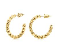 Gacimy Twisted Gold Hoop Earrings for Women, 14K Real Gold Plated, 925 Sterling Silver Post, 25mm Medium Braided Hoop Earrings