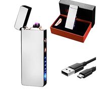 GADATOP Arc Lighter Rechargeable Windproof Flameless Electric Lighters for Outdoors Camping Hiking, Plasma Lighter with LED Battery Indicator and Gift Box (Silver)