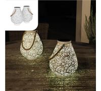 Gadgy Solar White Lantern | Set of 2 Pieces | Outdoor LED Lantern | Garden, Balcony, Pergola or Patio Lighting | Metal and Rope | Waterproof | Moroccan Decor