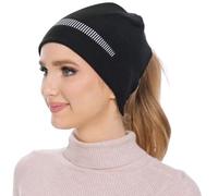 GADIEMKENSD Winter Ponytail Beanies for Women Reflective Thermal Wooly Beanie Hats Ladies Satin Lined Hat for Curly Hair Soft Bobble Hats for Running Cycling Hiking Camping Black
