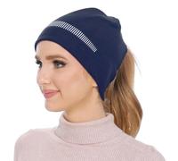 GADIEMKENSD Winter Ponytail Beanies for Women Reflective Thermal Wooly Beanie Hats Ladies Satin Lined Hat for Curly Hair Soft Bobble Hats for Running Cycling Hiking Camping Navy Blue
