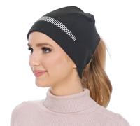 GADIEMKENSD Winter Ponytail Beanies for Women Reflective Thermal Wooly Beanie Hats Ladies Satin Lined Hat for Curly Hair Soft Bobble Hats for Running Cycling Hiking Camping Dark Grey