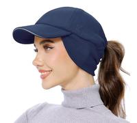 GADIEMKENSD Women's Fleece Ponytail Hat Reflective Winter Hat with Earflap Cold Hat with Adjustable Headband and Flip Down Ear Warmer Skull Cap for Hunting Hiking Snow Running Ski Navy