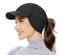 GADIEMKENSD Women's Fleece Ponytail Hat Reflective Winter Hat with Earflaps Trapper Hat with Drop Down Ear Warmers Adjustable Baseball Cap for Skiing Snowboarding Hiking Running Black