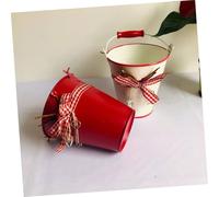 Gadpiparty 2PCS Iron Flower Buckets with Wooden Handles Gardening Planters with Love Key Bowknot Design Beige and Red Decorative Flowerpots for Indoor Outdoor Planting