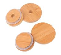 Gadpiparty Bamboo Jar Covers with Silicone Ring Reusable Mason Bottle Lids with Straw Fits Wide and Mouth Canning Jars Bamboo Material