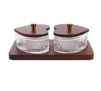 Gadpiparty Heart Shaped Divided Glass Fruit Bowl with Wooden Tray | Multiple Compartments, Versatile Serving, Flavor Separation, Compact Design, Coffee Colour, for Picnics