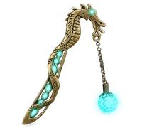 Gadpiparty Luminous Dragon Bookmark Metal Book Marker Retro Hairpin with Glowing Bead, Vintage Bookmarks for Book Lovers Reading Club Night Reading, Golden Alloy 12cm