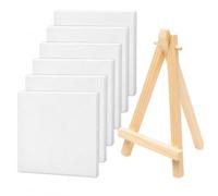 GadSteam Mini Canvas for Painting Set, 6 Small Canvases 10cm & 1 Mini Easel | Primed texture for acrylic, oil, gouache; canvas stand for sip and paint, craft class, tabletop display