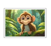 GAEKKO Wall Picture 'Little Monkey in the Jungle - Cute Artwork with Big Eyes' on Photo Board with Picture Frame Photo Board Picture 60 x 40 cm
