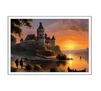 GAEKKO Wall Picture 'The Mystical Castle on the River' on Photo Board with Picture Frame 120 x 80 cm