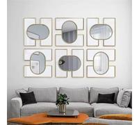 GAENZA Metal H-Shaped Frame Decorative Wall Mirror,Anti-Rust Modern Iron Art Wall-Mount Decorative Mirror,Luxury Combination Wall Art Hanging Mirror for Bedroom Living Room Corridor Hotel,6Pcs