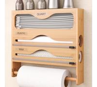 GAESHOW 4 in 1 Cling Film & Foil Dispenser, Wall Mounted Bamboo Cling Film Dispenser with Cutter and Kitchen Roll Holder, Organiser Storage for Kitchen Drawer, Compatible with 15" or Lower Roll